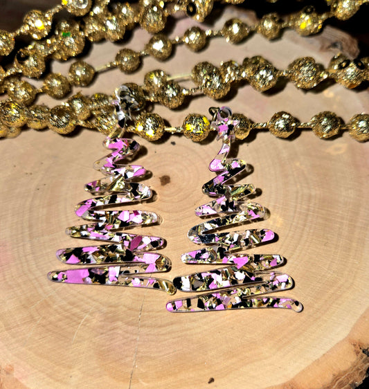 Whimsical Christmas Tree Earrings - Pink/Gold Confetti