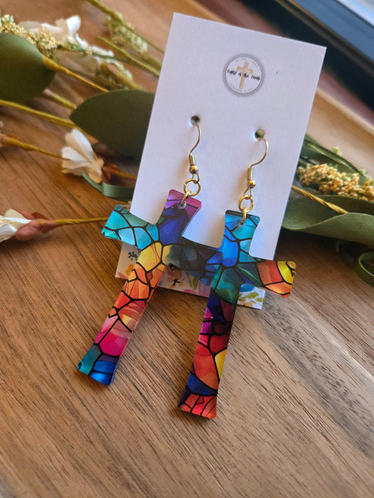 Radiant Faith Cross Earrings - Stained Glass