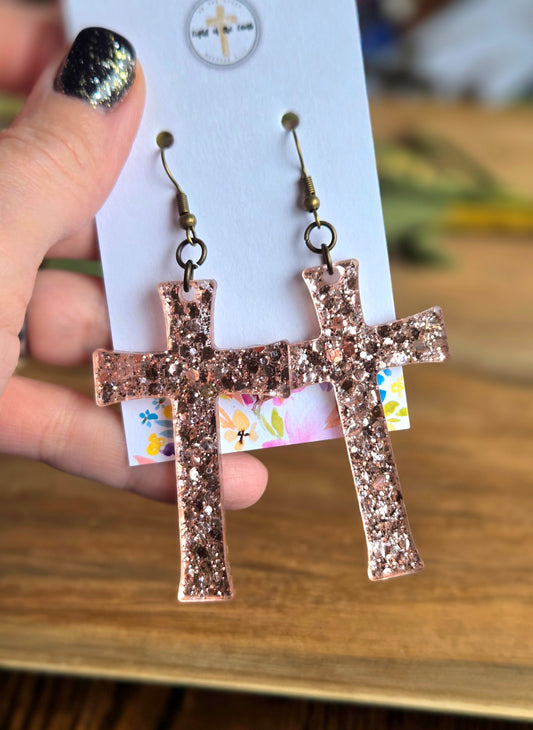 Radiant Faith Cross Earrings - Rose Gold Confetti
