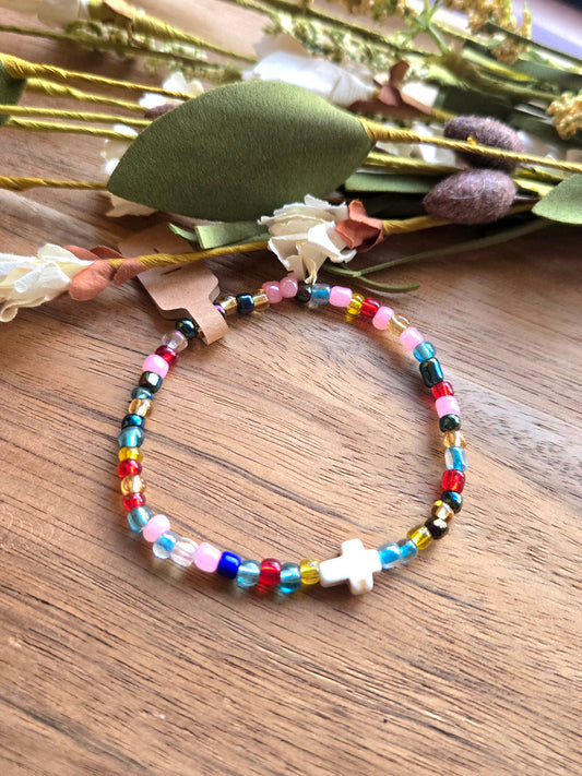 Rainbow Faith Bead Cross Bracelet