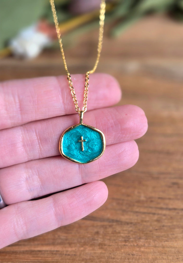 Teal Cross Charm Necklace