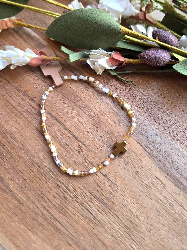 Golden Grace Seed Bead Cross Bracelet