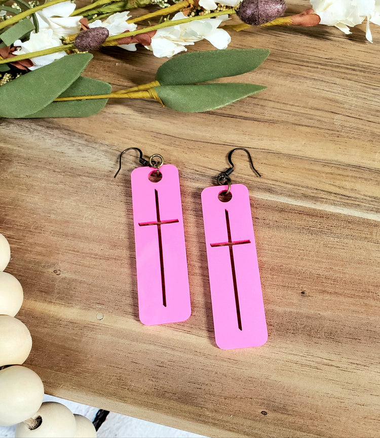 Hot Pink Acrylic Cross Earrings