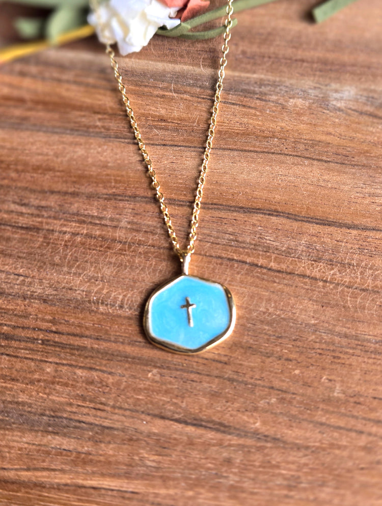 Blue Cross Charm Necklace