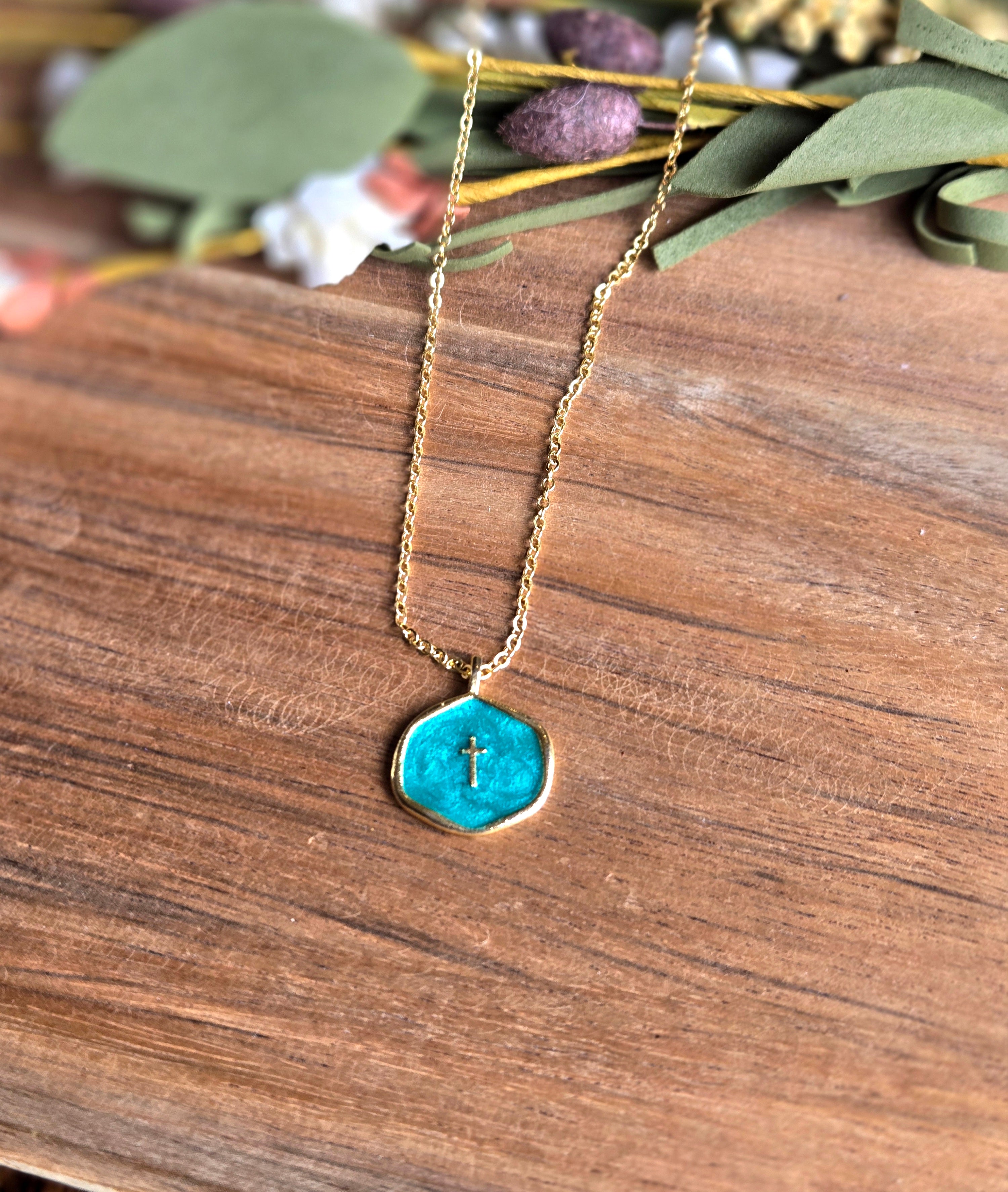 Teal Cross Charm Necklace