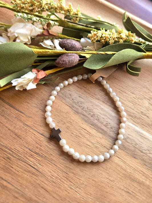 Dainty Pearl Glow Cross Bracelet