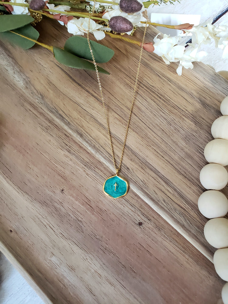 Teal Cross Charm Necklace
