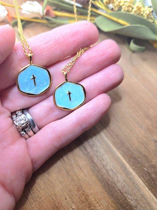 Aqua Cross Charm Necklace