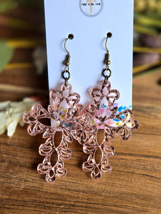 Grace Cross Earrings - Rose Gold Confetti