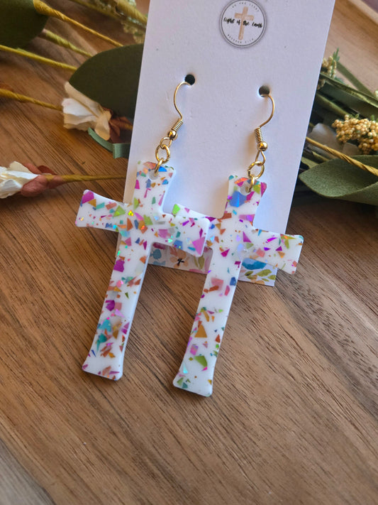White Confetti Cross Earrings