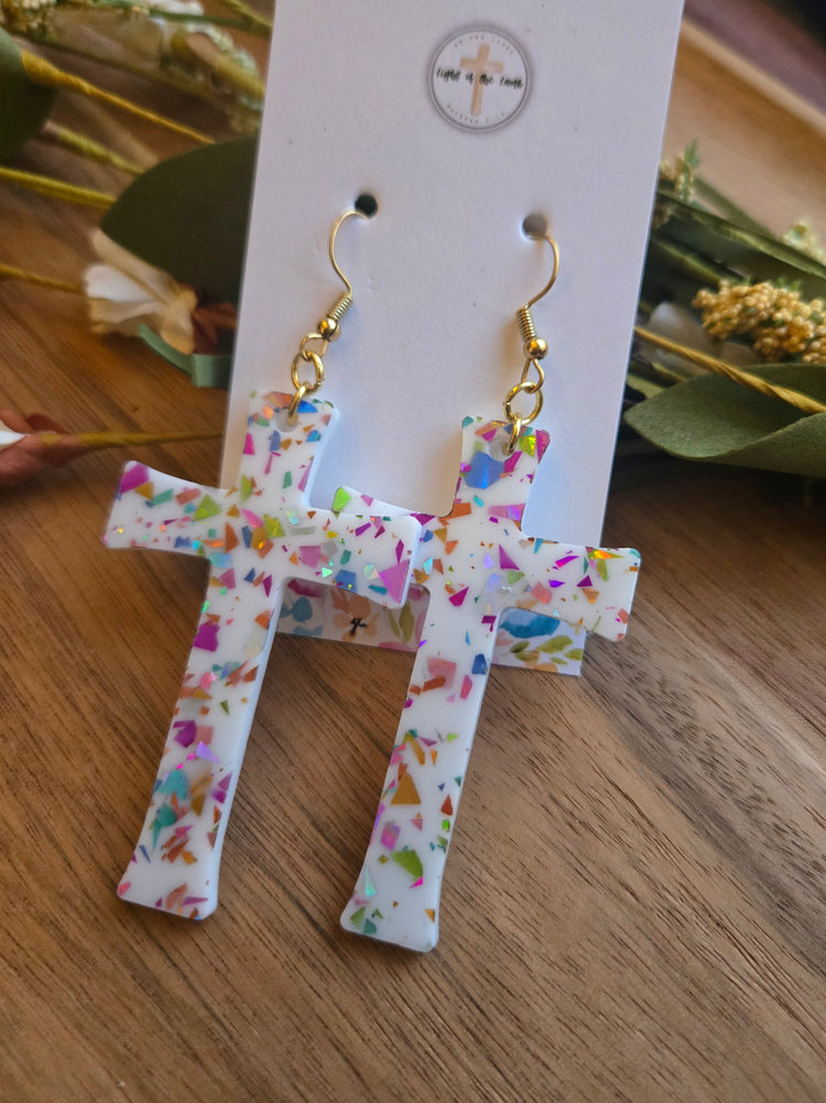 Radiant Cross Earrings - White Confetti