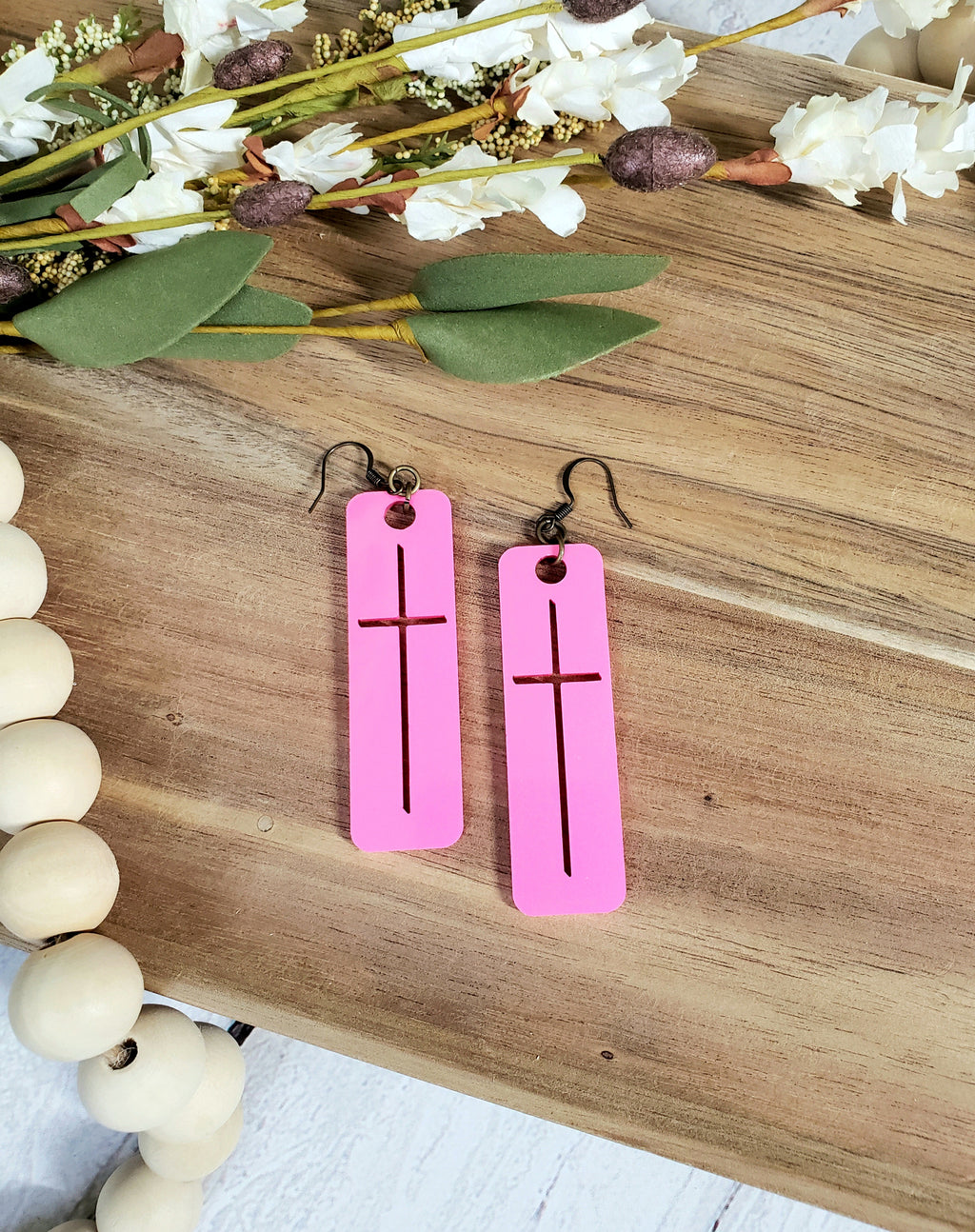 Hot Pink Acrylic Cross Earrings