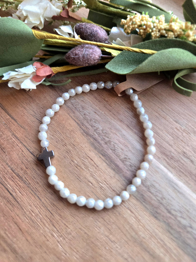 Dainty Pearl Glow Cross Bracelet