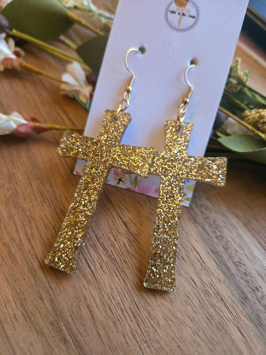 Gold Glitter Cross Earrings