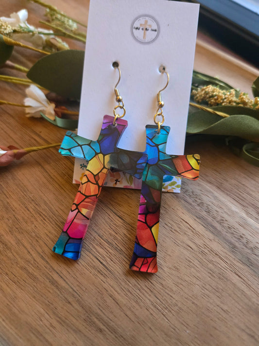Radiant Faith Cross Earrings - Stained Glass