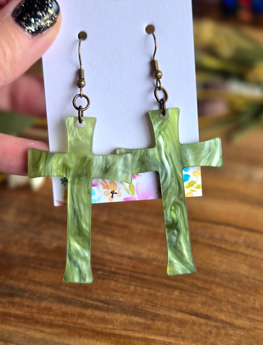 Radiant Faith Cross Earrings - Green Marble