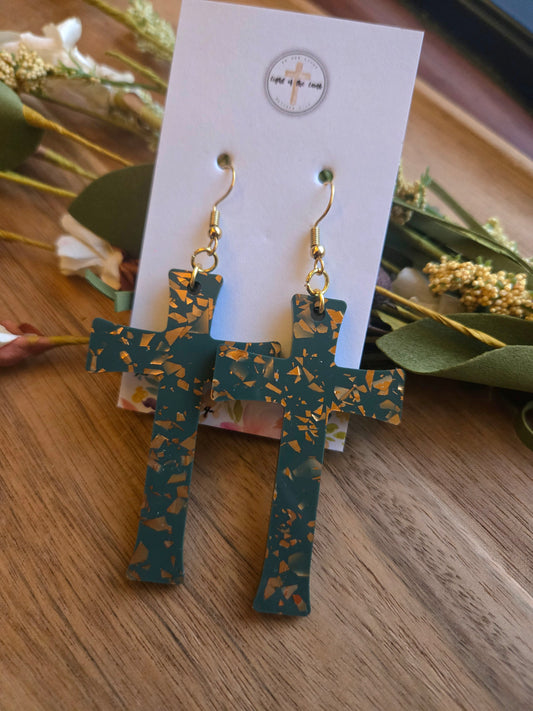 Green & Gold Confetti Cross Earrings