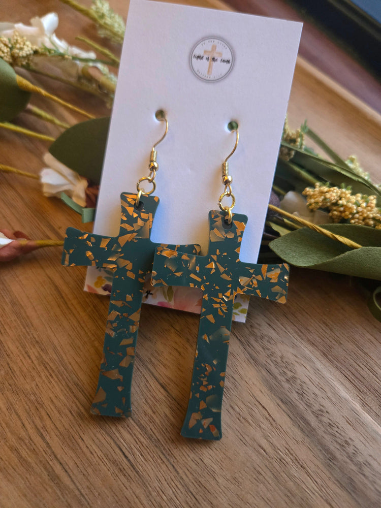 Green & Gold Confetti Cross Earrings