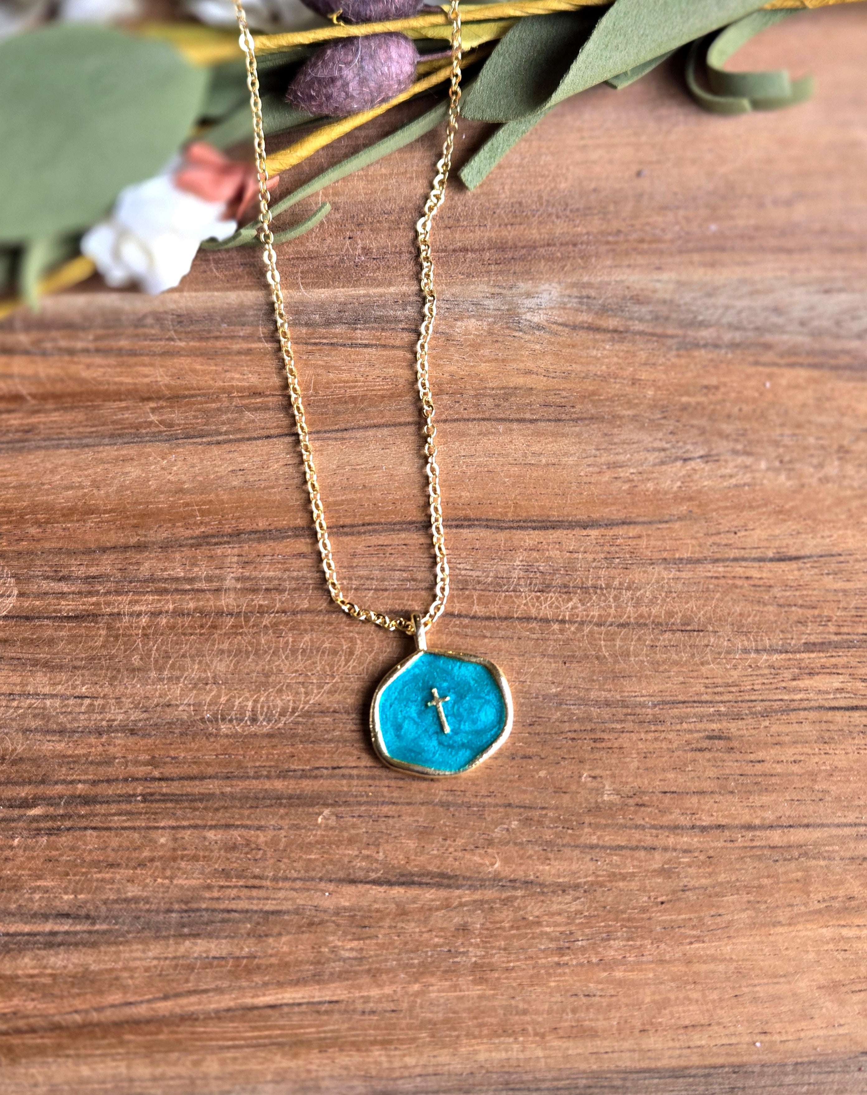 Teal Cross Charm Necklace