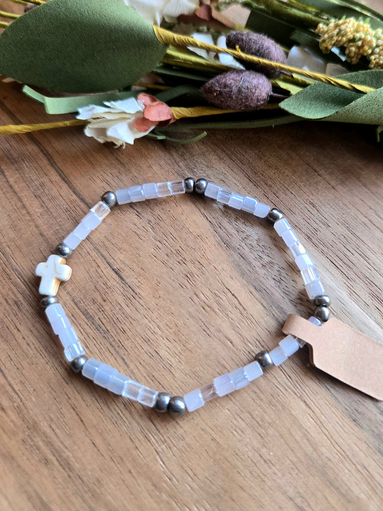 Iridescent Seed Bead Cross Bracelet