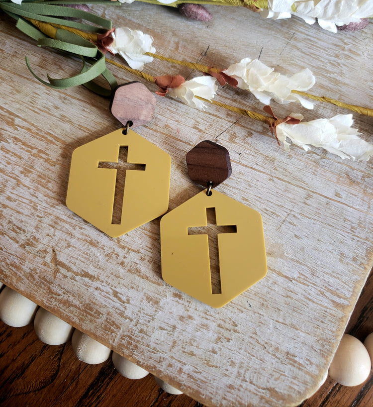 Hexagon Cross Earrings- Mustard