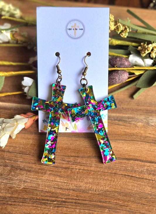 Radiant Faith Cross Earrings - Dark Confetti