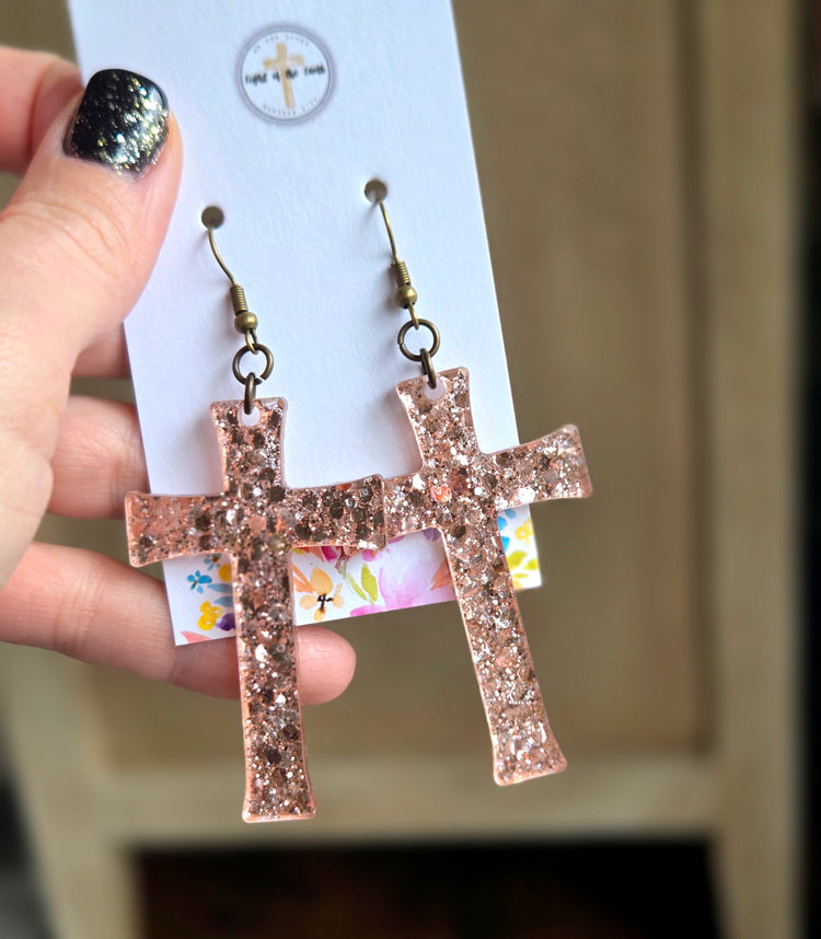 Radiant Faith Cross Earrings - Rose Gold Confetti