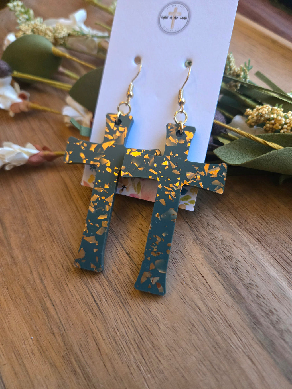 Radiant Cross Earrings - Olive/Gold