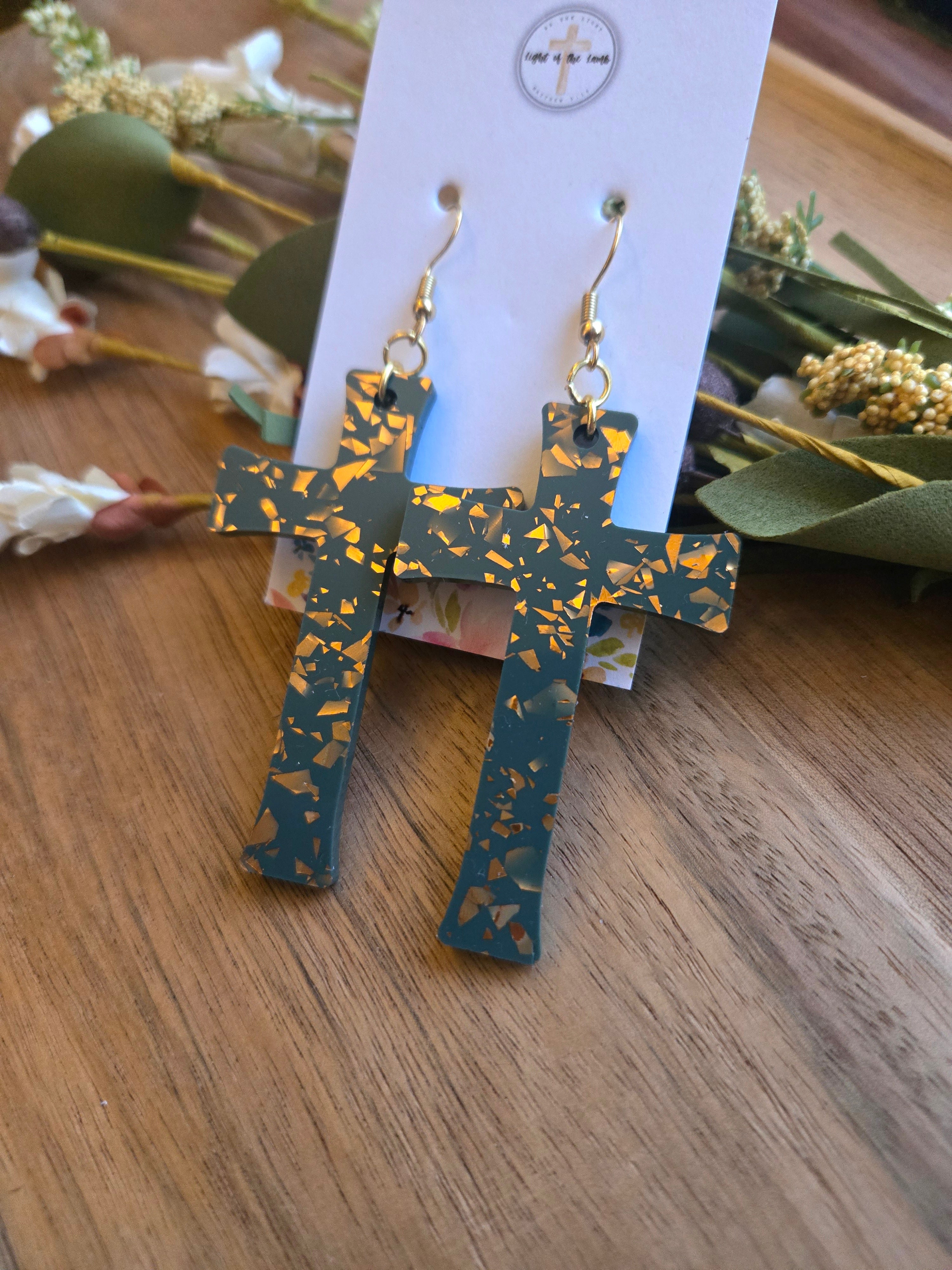 Radiant Cross Earrings - Olive/Gold