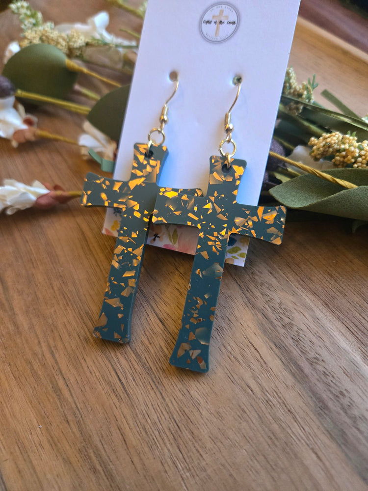 Green & Gold Confetti Cross Earrings