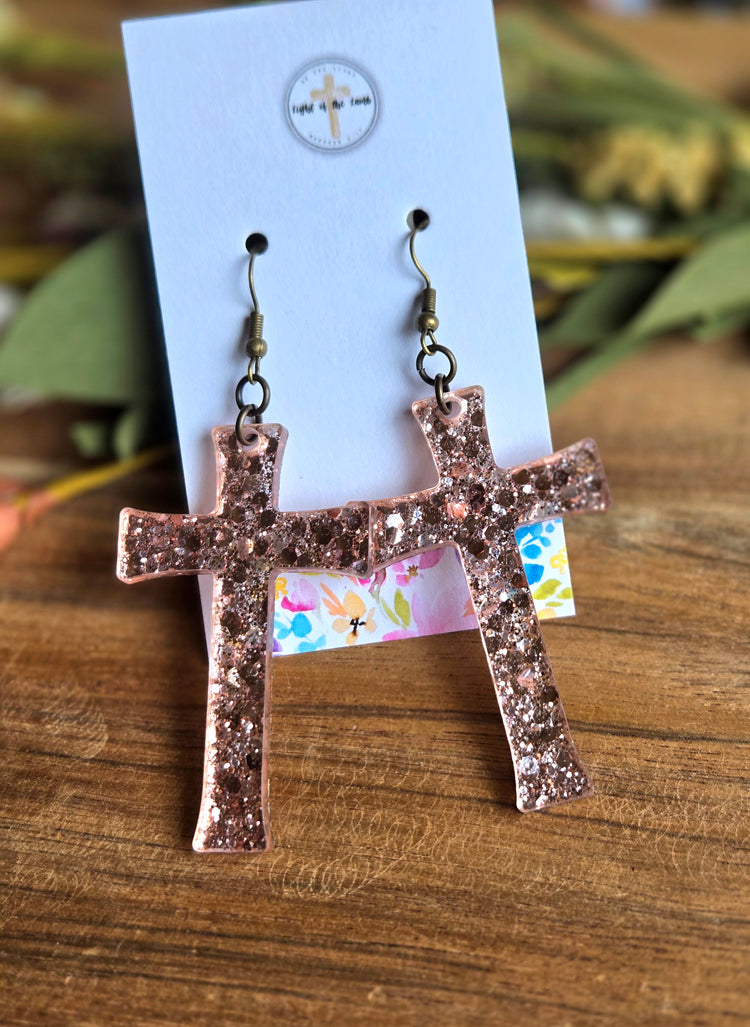 Radiant Faith Cross Earrings - Rose Gold Confetti