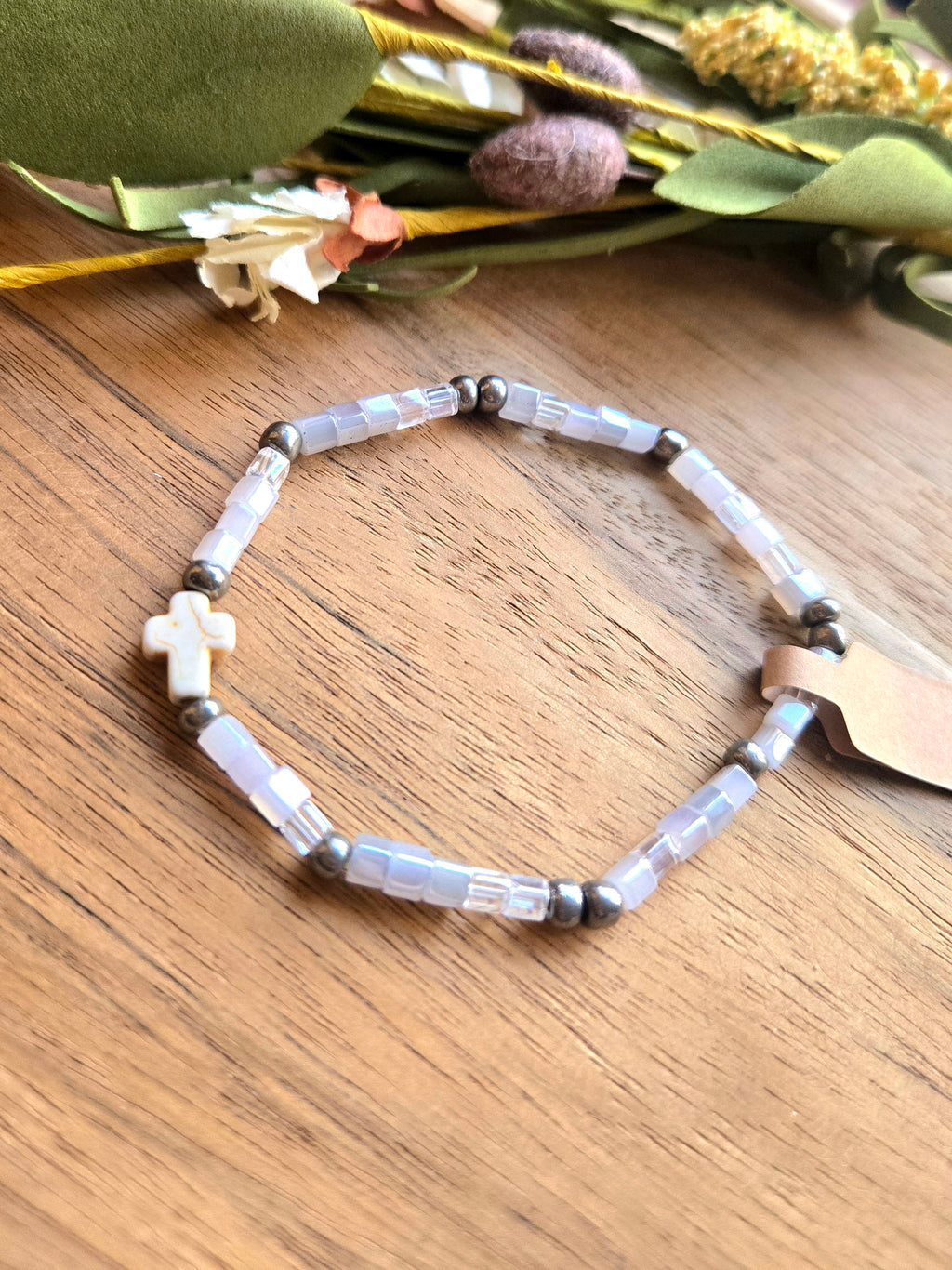 Iridescent Seed Bead Cross Bracelet
