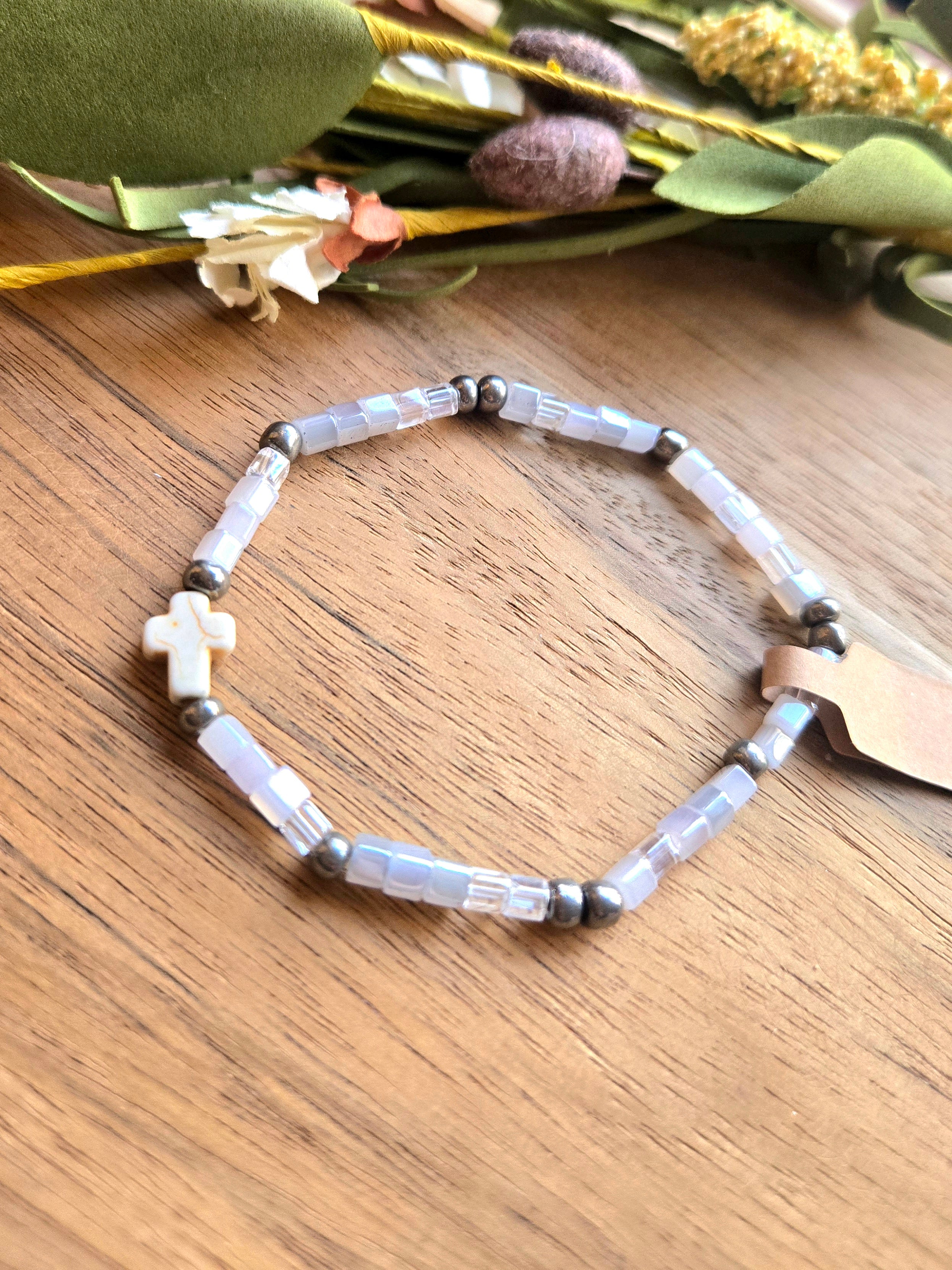 Iridescent Seed Bead Cross Bracelet