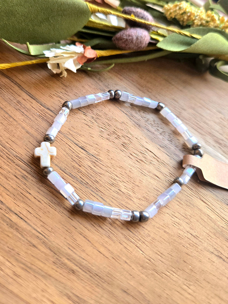 Iridescent Seed Bead Cross Bracelet